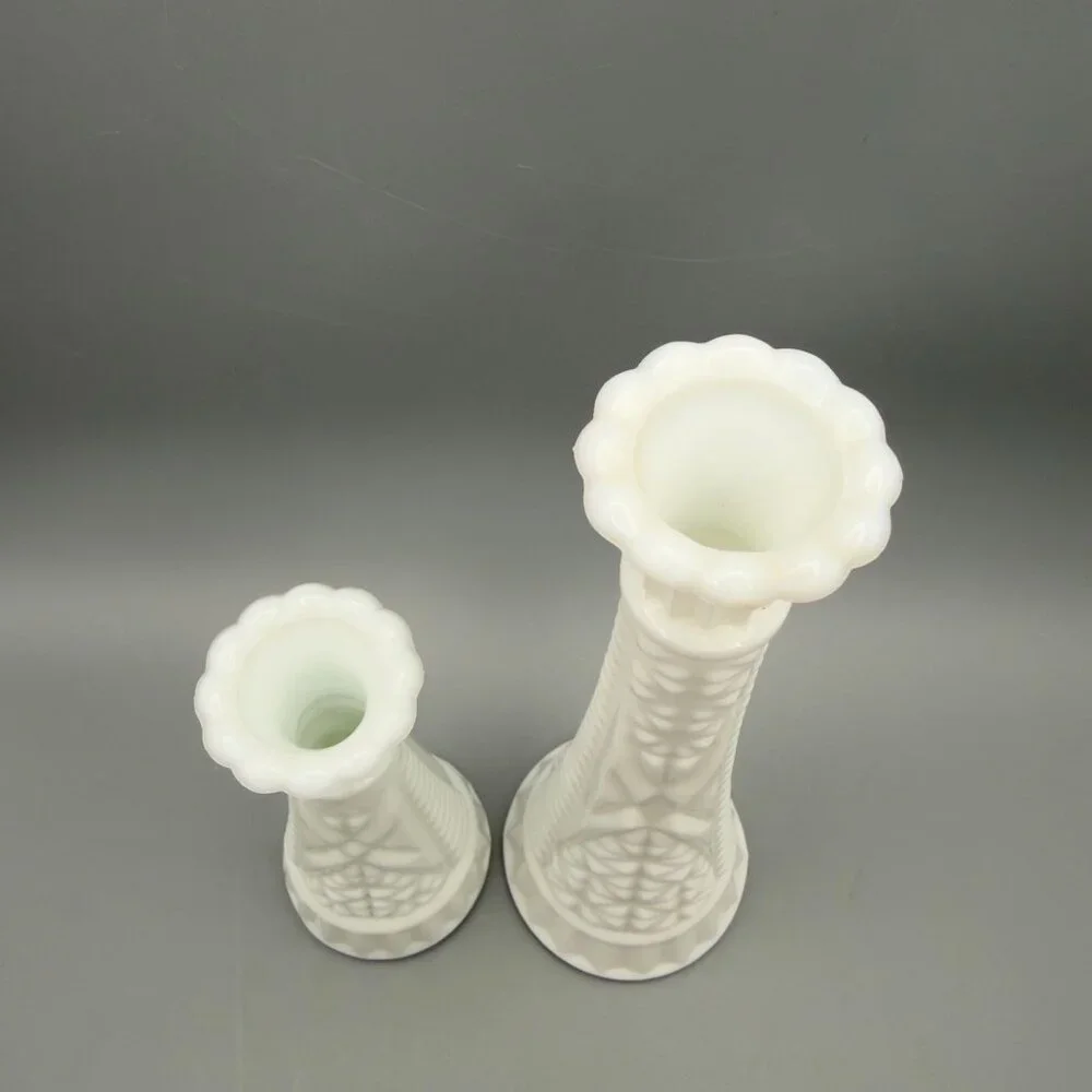 Vintage Milk Glass Bud Vases Set Of 2 Diamond Pattern Scalloped Rim